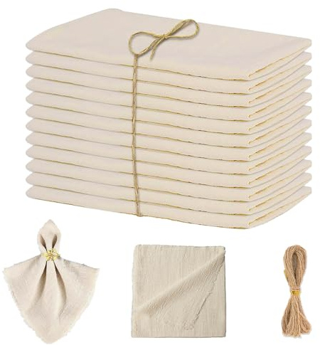 SKIKHN Stoffservietten Beige, 12 Stück Leinen Servietten, 42x42cm Servietten Stoff mit 10m Schnur, Waschbare Leinen Servietten Stoff mit Fransen, für Familienfeiern, Hochzeiten, Geburtstage(Beige)
