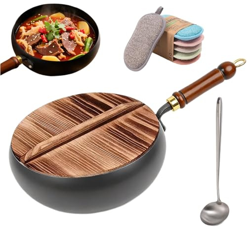 Drbrrly Japanese Cast Iron Wok with Lid, 11 Inch Hand Hammered Uncoated Wok Pan, Nonstick Carbon Steel Stir Fry Pan, Flat Bottom Induction Compatible Cookware for Electric, Gas& Glass Stoves (24cm)
