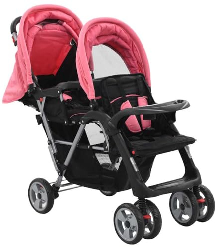 Tandem-Kinderwagen Stahl Rosa Schwarz, Kombikinderwagen mit 2 Verdecken, 122,5x53,5x111 cm, Geschwisterwagen für 2 Kinder bis 15 kg, leichter Buggy, klappbar, ideal für Spaziergänge
