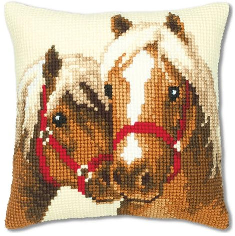 VERVACO Kreuzstich Stickpackungen Kissen Stickerei Set Anfänger Vorgedruckt Pferdefreundschaft DIY Set Kreativ Set Für Erwachseneca. 40 x 40 cm Bastelset Handwerker Haus Dekoration