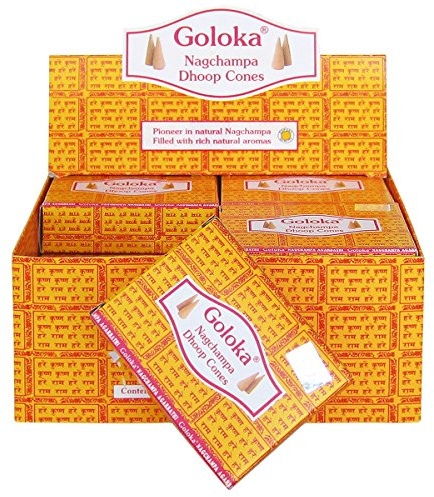 Laroom Pack de 12 Cajas de 10 Conos Incienso Goloka Nag Champa, Compuesto, Multicolor, 12x16x7 cm, Unidades