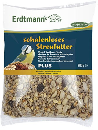 Erdtmanns schalenloses Streufutter Plus 800 g – Vogelfutter ohne Schalen für saubere Futterstellen – Mischung aus beliebten Zutaten – Ganzjahresfutter für Wildvögel