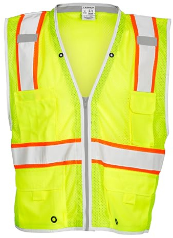 Kishigo Premium Brilliant Series Heavy Duty Unisex Reflective Safety Vest 1510, ANSI Type R / Class 2 Compliant, 6 Pockets Including Radio & Pencil Pocket, Silver Reflective Lining & Trim (Lime, XL)