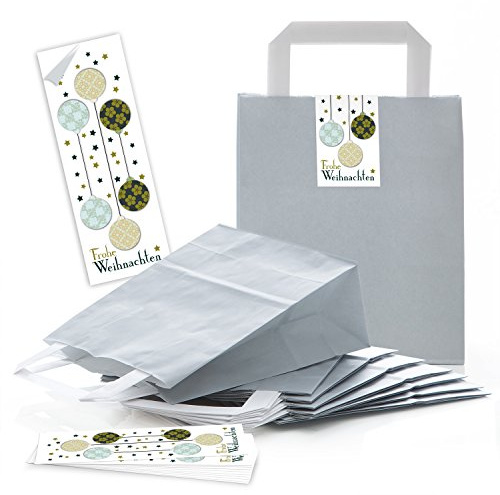 Logbuch-Verlag 25 Weihnachtsbeutel mit Henkel hellgrau + Aufkleber Frohe Weihnachten - Geschenkverpackung Kundengeschenk 18 x 8 x 22 cm