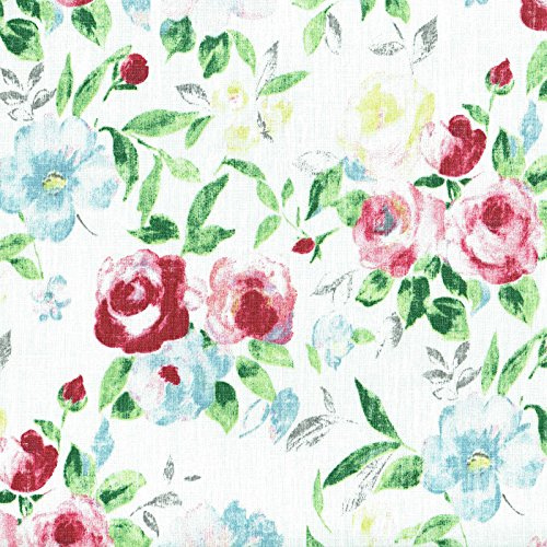 Textiles français Leinenstoff | Rosenblüte (Bedruckt) - rot, rosa, blau, grün und anthrazit | Grundfarbe: weiß | 100% Leinen Stoff | Stoffbreite: 150 cm Meterware (1 Meter)