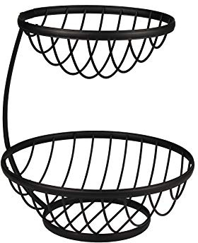 Spectrum Ashley Black 2 Tier Fruit Basket Server for Kitchen Counter, Modern Steel Multi Tier Stackable Fruit Bowl Produce Display Stand for Vegetables Fruit Bread Snacks Countertop Table Organization