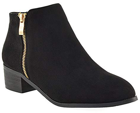 Womens Ladies Low Heel Block Cowboy Style Ladies Gold Zip Western Ankle Boots (Black Faux Suede) (5 UK)