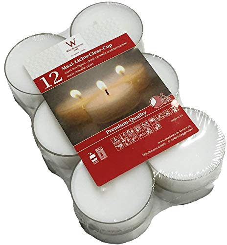 Bougies chauffe-plat Maxi PC Cup par lot de 12 dans un boîtier de rangement flat-pack Blanc, 8 h, 21 x 56 mm