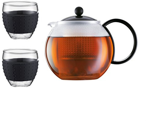 Bodum Assam Set Teekanne mit 2 Gläser 35 cl mit Silikonband, Glas, Schwarz, cm, 24 x 20 x 16.5 cm, 3 Einheiten