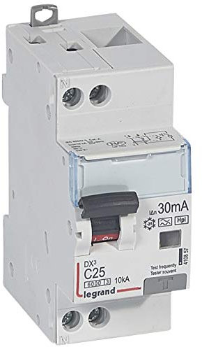 Legrand 410857 Disjoncteur différentiel monobloc DX³6000 10kA arrivée haute et départ bas à vis, U+N 230V, 25A typeF, 30mA