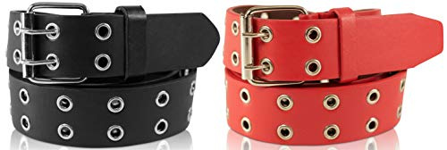 Nietengürtel im 2er Set mit Doppel-Lochnieten, Ösen und Dornschließe für Damen und Herren (Schwarz/Rot - 120/BW105 - Br. 3,5cm)