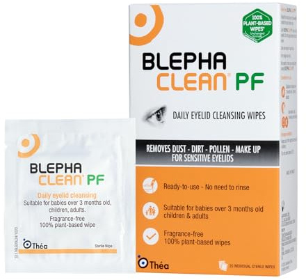 Blephaclean PF Daily Eyelid Wipes - Gentle Cleansing for the eyelids and skin around the eyes, Suitable for Babies (over 3 months old), children & adults, 20 Sterile Plastic-Free Wipes
