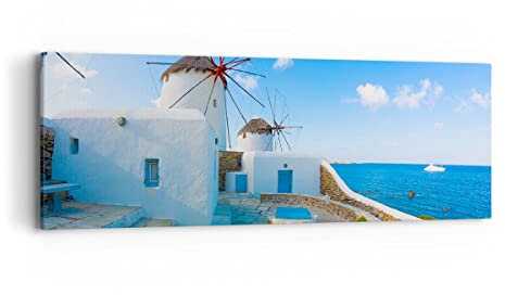 Panorama Bilder auf Leinwand Griechenland Insel Küste Haus Leinwandbild 90x30cm Wandbilder Dekoration Wohnzimmer Schlafzimmer Klein Wanddeko Bild Wand Kunstdruck Art Wall Decor Canvas AB90x30-2424