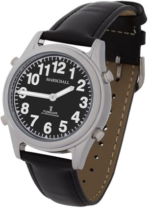 Marschall Deutsch sprechende Damen Funk-Armbanduhr I 1138SL I Für Blinde, Senioren und Sehbehinderte I Datum- und Zeitansage I Extra große Zeiger I Schwarzes Lederarmband