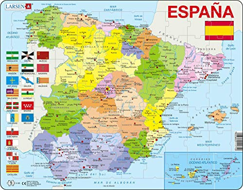 Larsen Puzzles K85 Kinder Rahmenpuzzle Politische Karte Spanien, 70 Teile, ab 8 Jahre, Lernspielzeug, Geografie, Konzentration, Spielspaß