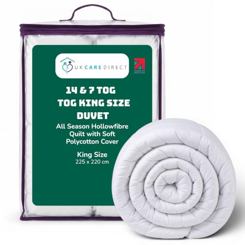 UK Care Direct Hotel Style 14 & 7 Tog Kingsize Duvet - All Seasons Quilt Soft Hollowfibre Filling - Bounce Back Comforter Lightweight Warm Winter Cool Summer Machine Washable Bedding - (225x220cm)