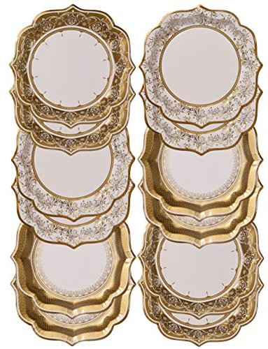 Confezione da 12 piatti di carta medi in stile porcellana vintage oro | 3 Disegni | usa e getta | Per matrimoni, anniversario, compleanno