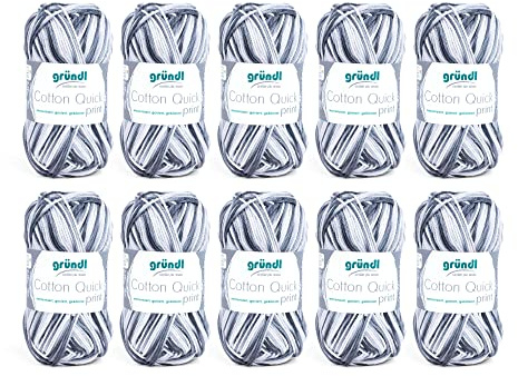 Gründl Cotton Quick Print stickgarn/virkgarn (färgglatt garn tillverkat av 100% bomull, OEKO-TEX certifierad, nåltjocklek: 3 – 4) 10 x 50 g, svart-grå flerfärgad