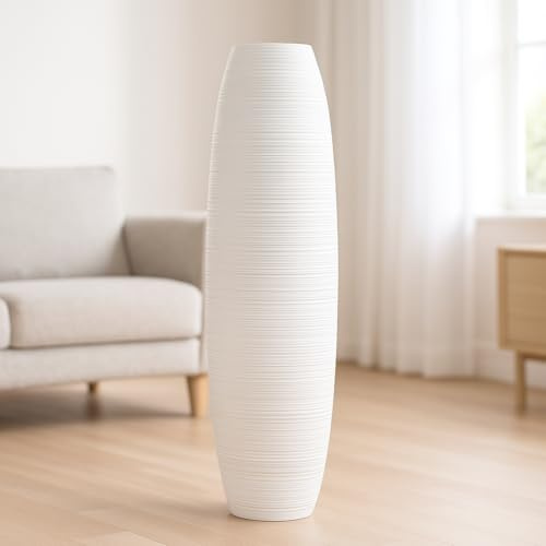 Leewadee Grand Vase de Sol Haut 85 cm - Vase Blanc Bois de Manguier Fait Main Herbes de la Pampa & Fleurs Séchées