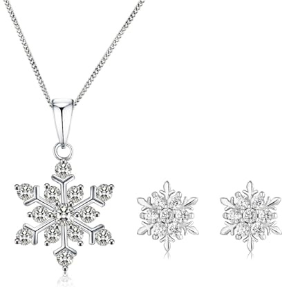 Baobei Kristall Halskette Schmuck Set Zirkonia glänzend Sterling Silber Schneeflocke Anhänger Halskette und Ohrstecker Geschenk für Frauen Mädchen mit Silberkette Schmuckschatulle (f1469)