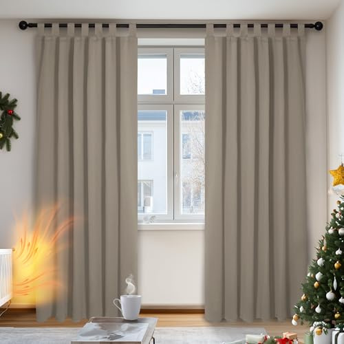 Deconovo Mörkläggningsgardin ogenomskinliga öglor för värmeisoleringsgardiner, 175x140 cm (H x B), Taupe, uppsättning om 2