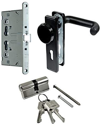 SN-TEC Stahltür/FH Tür Komplett Set Beschlag (einseitig Knauf) + FH Schloss (DIN Links/Rechts Falle und Riegel Mittig) + Profilzylinder