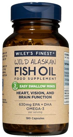 Wiley's Finest Wild Alaskan Fish Oil Easy Swallow Minis - Omega-3 Fish Oil Supplement for Adults and Kids - Double-Strength 630mg EPA and DHA Natural Supplement - 180 Mini Softgels (90 Servings)