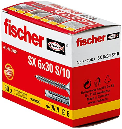 Fischer Spreizdübel SX 6 x 30 S, Schachtel mit 50 Nylondübeln und passenden Schrauben, Dübel für optimalen Halt bei Befestigungen in Beton, Hochlochziegel, Porenbeton, Vollziegel uvm. 70021 Standard