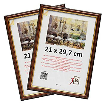 3-B Bilderrahmen ARCO RUSTIKAL - 2-Pack - Dunkel Braun/Gold - 21x29,7 cm (A4) - Holzrahmen, Fotorahmen, Portraitrahmen mit Acrylglas