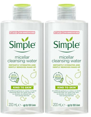 Simple Micellar Cleansing Water Makeup Remover 2 Pack - Gentle Face Cleanser for Sensitive Skin with Vitamin B3 & C Hydrating Formula, No Perfume, No Colour, Vegan and Cruelty-Free, 200ml Each