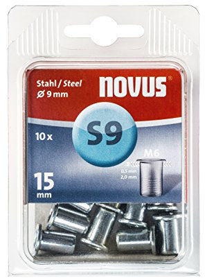 Novus Stahl-Blindnietmutter 15 mm, M6 Gewinde, 10 Nietmuttern, Ø 9 mm, 0.5-2.0 mm Klemm-Länge, für Stahlbleche, 10 Stück