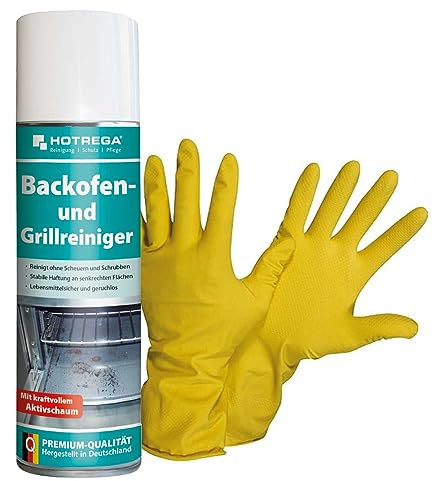 HOTREGA Backofenreiniger & Grillreiniger 300 ml | Kraftvoller Aktivschaum | Löst Fett, Öl & Verkrustungen | Für Mikrowelle, Dampfgarer, Töpfe & Pfannen | Inklusive Schutzhandschuh | Ohne Schrubben