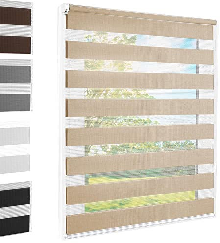 Doppelrollo Klemmfix ohne Bohren Sand 60x140 cm [Stoffbreite 56cm] Duo Rollo Fensterrollo für Fenster/Türen Gardine Klemmrollo Seitenzugrollo Sichtschutz Sonnenschutzrollo Zebrarollo