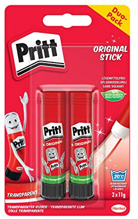 Pritt 1504209 självhäftande stift, säkert och barnvänligt lim för konst och hantverk, starkt lim för skola och kontorsmaterial, 2 x 11 g pritt penna