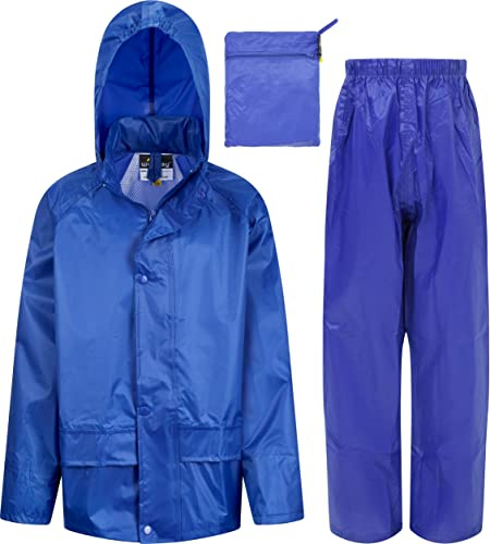 Kids Waterproof Jacket & Trousers Suit Set in Black, Navy Blue or Royal Blue Childs Childrens Boys Girls WR225J (9-10 Years, Royal Blue)