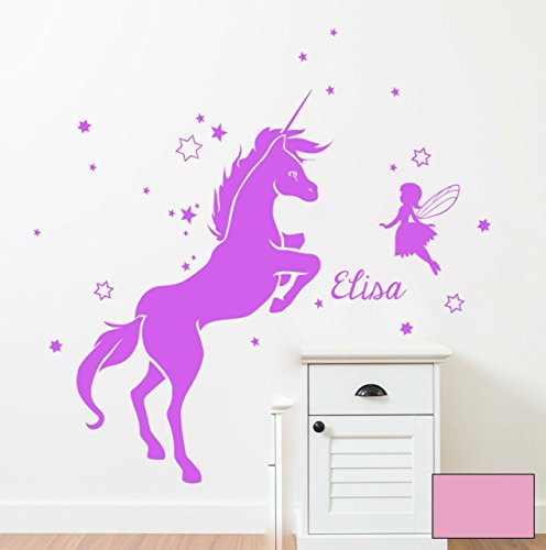 ilka parey wandtattoo-welt Wandtattoo Wandaufkleber Einhorn mit Fee Elfe vielen Sternen und Name Wunschname M1530 - ausgewählte Farbe: *Flieder* ausgewählte Größe: *M 33cm breit x 50cm hoch