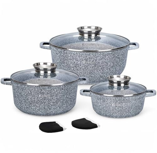 EliteHoff Kochtopf Set Induktion, Topf aus Aluminiumguss mit Antihaftbeschichtung, Topfset mit Glasdeckel für alle Herdarten inkl. Induktion, Gas, Elektro, Halogen, Keramik (Grau, 6-teilig)