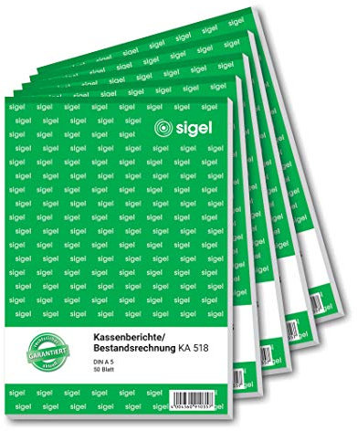 SIGEL KA518 Kassenbericht / Bestandsrechnung, A5, 5 Stück á 50 Blatt, zur korrekten Ermittlung des Tagesabschlusses und Kassenbestandes, für Brutto- und Nettoverbuchungen, aus nachhaltigem Papier