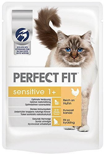 Perfect Fit Katzenfutter Sensitive 1 + reich an Huhn in Sauce, 12 Beutel (12 x 85 g)