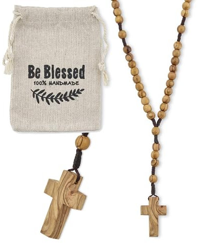 Katholischer Rosenkranz aus Olivenholz aus Bethlehem in natürlichem Baumwollbeutel - Rosenkranz aus Holz mit Echtheitszertifikat für Männer und Frauen