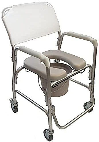 Silla móvil de ducha e interior con inodoro, con Ruedas, Asiento Acolchado, Color Blanco