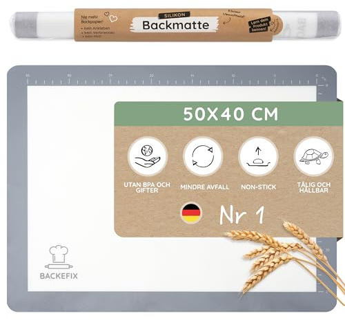 Backefix Silicone Baking Mat 50×40cm Grey - Reusable 2in1 Rolling Mat and Dough Coaster for Kneading, Molding and Dough Work, Baking, Non-Stick, Dishwasher Safe and BPA & PFAS Free