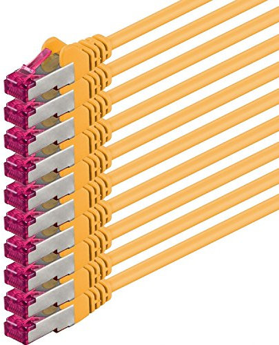 1aTTack.de 2m - jaune - 10 pièces - câble réseau CAT6a (10Gb/s) S-FTP CAT 6a Lankacable - certifié GHMT PIMF 500 MHz Cat5 Cat5e Cat6 Cat6a Cat7 pour switch, routeur, modem, Internet