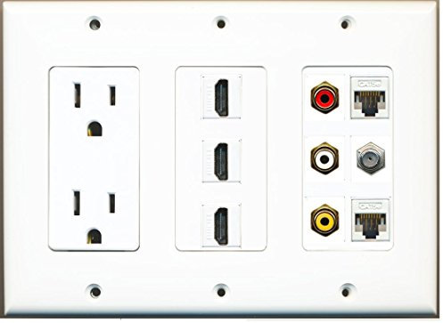 RiteAV Power 3 Puerto HDMI Compuesto RCA a/V 2 Cat5e Ethernet Cable Coaxial de televisión Placa de pared
