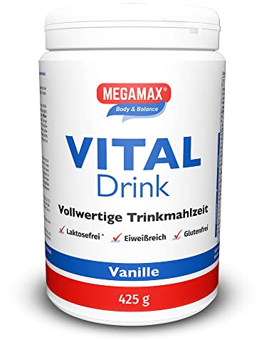 MEGAMAX® Vital Drink Vanille – Proteinreiche Mahlzeit mit Glucomannan & Ballaststoffen – Sättigungs-Drink zur Gewichtskontrolle – GLP-1-freundlich – 425 g Pulver