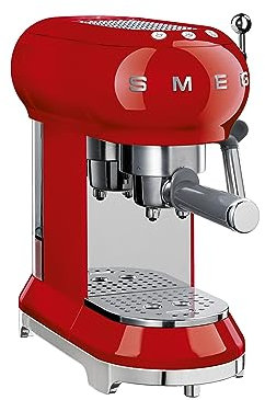 Smeg, ECF01RDEU Manual Espresso -Maschine, Cappuccino -System, Thermoblock, große Tassengehäuse und Doppelkaffeefunktion, 1 l Wassertank, kompakte Abmessungen, 1350W, Rot