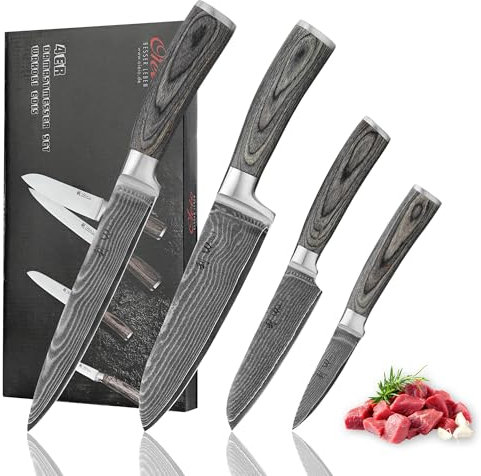 Wakoli EDIS Messer Set (4-teilig) Küchenmesser mit 8–18 cm Klingen aus 67 Lagen Damast mit VG10-Kern - Pakkaholzgriff - Scharfe Messer für Fleisch, Fisch & Gemüse - Messerset in eleganter Holzbox