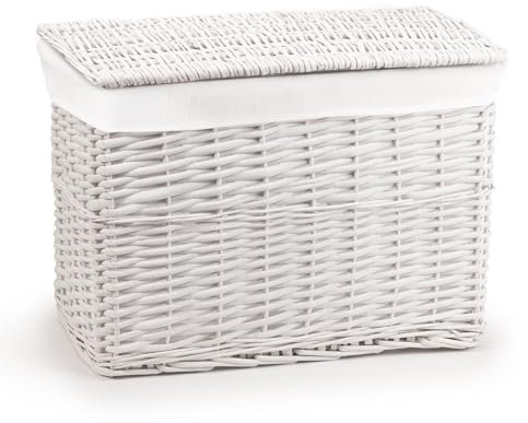 woodluv Full Steamed Willow Wicker Storage Basket Trunk Chest Hamper with Lidded Cloth Lining, Home Storage Solution for Laundry, Toys, Blankets, and More, Medium, White