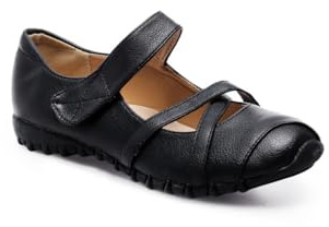 La Modeuse - Platt Ballerina Dansskor (2 cm häl på tandsula) med rund tå i konstläder och korsade remmar fram, svart, 42 EU