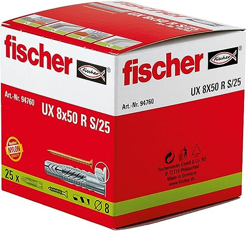 Fischer 094760 Nylondübel UX 8x50 R S/25, 25 Stück